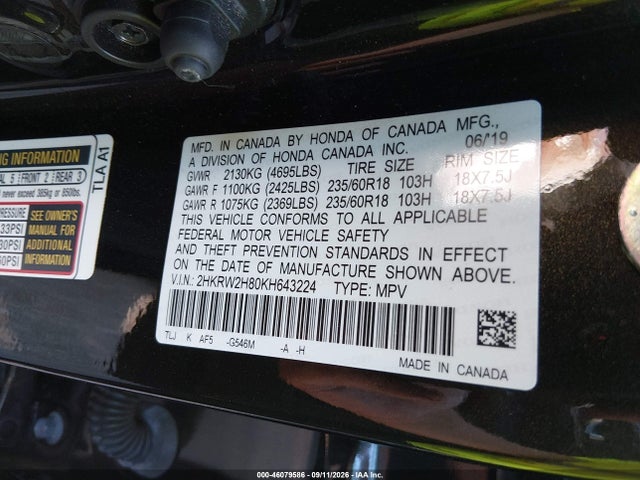 Aukcja sprzedaży 2019 Honda Cr-v Ex-l, vin: 2HKRW2H80KH643224, numer aukcji: 46079586
