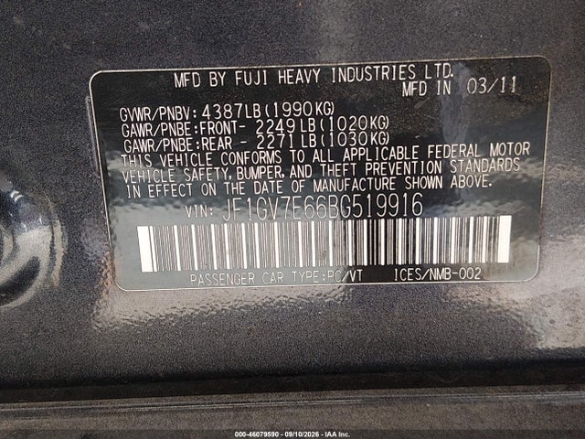Aukcja sprzedaży 2011 Subaru Impreza Wrx, vin: JF1GV7E66BG519916, numer aukcji: 46079590