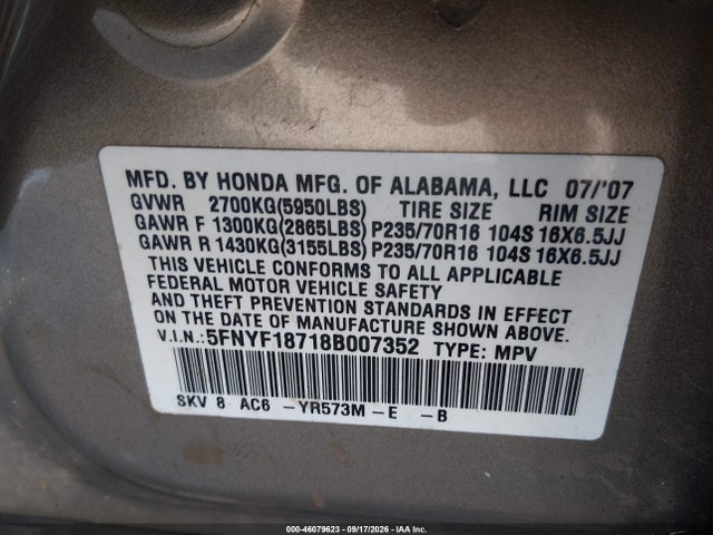 Продажа на аукционе авто 2008 Honda Pilot Ex-l, vin: 5FNYF18718B007352, номер лота: 46079623