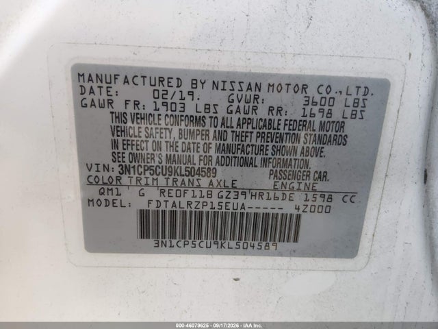 Продаж на аукціоні авто 2019 Nissan Kicks S, vin: 3N1CP5CU9KL504589, номер лоту: 46079625