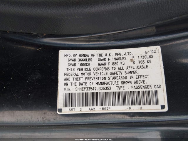 2002 Honda Civic Si მანქანა იყიდება აუქციონზე, vin: SHHEP33542U305353, აუქციონის ნომერი: 46079626