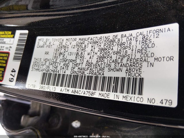 2012 Toyota Tacoma Base V6 მანქანა იყიდება აუქციონზე, vin: 3TMMU4FN0CM044114, აუქციონის ნომერი: 46079633