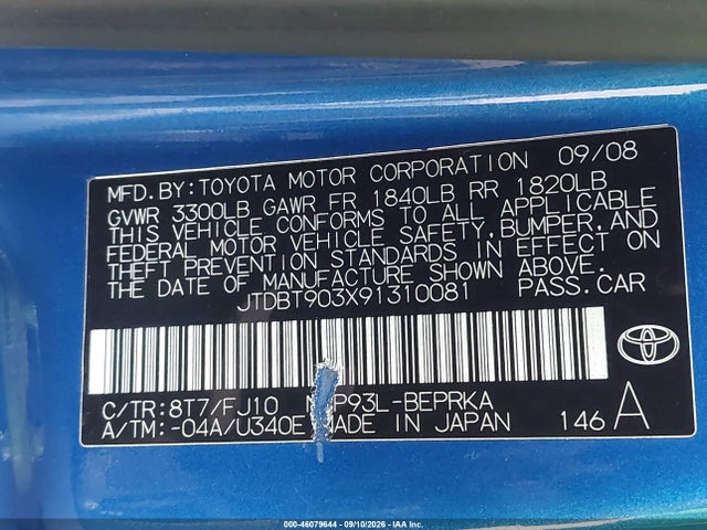 2009 Toyota Yaris მანქანა იყიდება აუქციონზე, vin: JTDBT903X91310081, აუქციონის ნომერი: 46079644