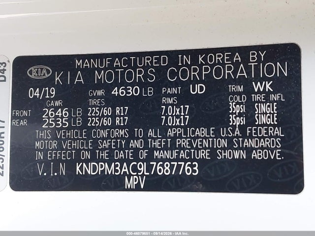 46079651 :رقم المزاد ، KNDPM3AC9L7687763 vin ، 2020 Kia Sportage Lx مزاد بيع