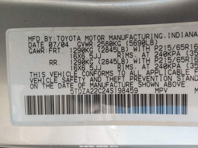 46079663 :رقم المزاد ، 5TDZA22C24S198459 vin ، 2004 Toyota Sienna Xle مزاد بيع