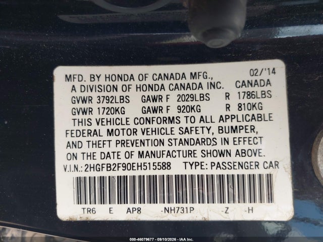 46079677 :رقم المزاد ، 2HGFB2F90EH515588 vin ، 2014 Honda Civic Ex-l مزاد بيع