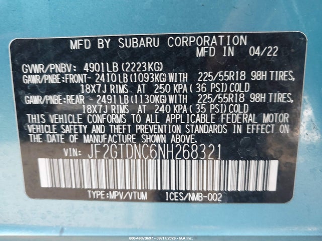 46079697 :رقم المزاد ، JF2GTDNC6NH268321 vin ، 2022 Subaru Crosstrek Hybrid مزاد بيع