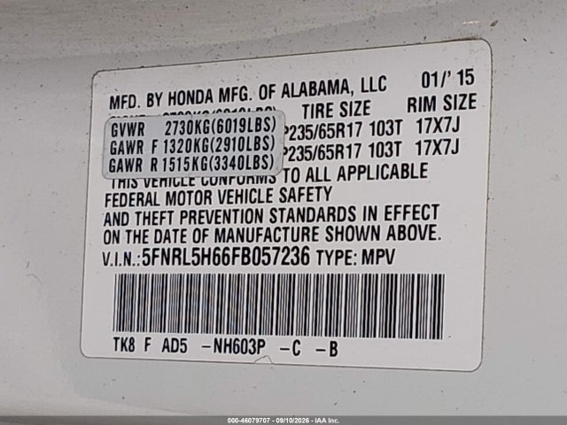 46079707 :رقم المزاد ، 5FNRL5H66FB057236 vin ، 2015 Honda Odyssey Ex-l مزاد بيع