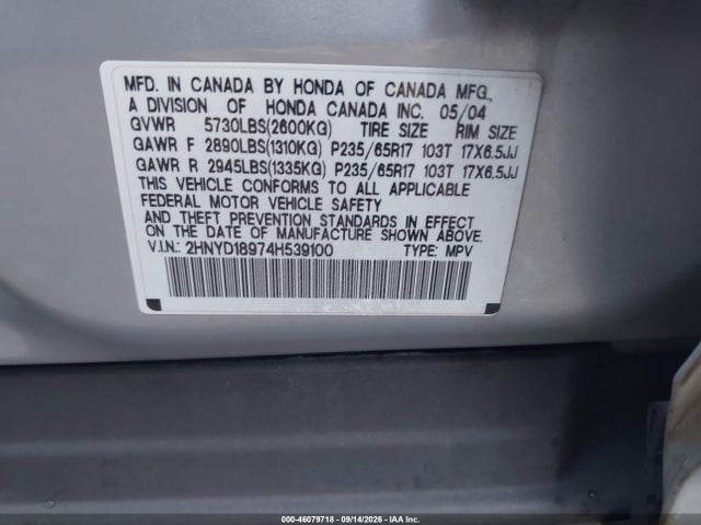 Продажа на аукционе авто 2004 Acura Mdx, vin: 2HNYD18974H539100, номер лота: 46079718