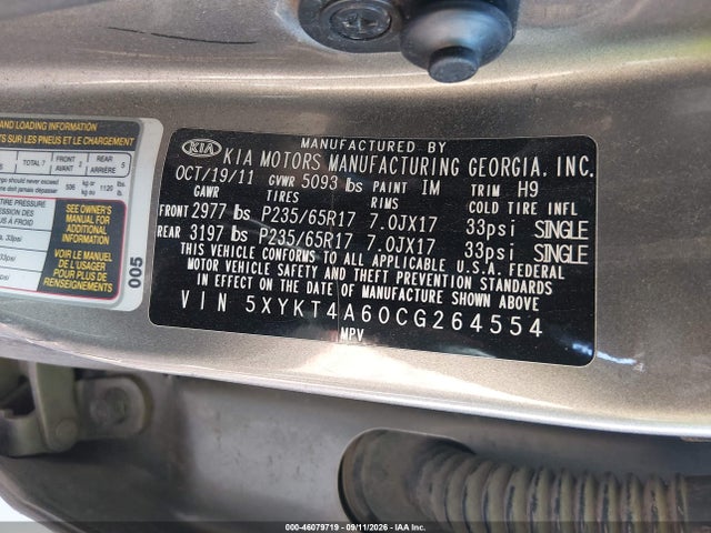 Aukcja sprzedaży 2012 Kia Sorento Lx, vin: 5XYKT4A60CG264554, numer aukcji: 46079719