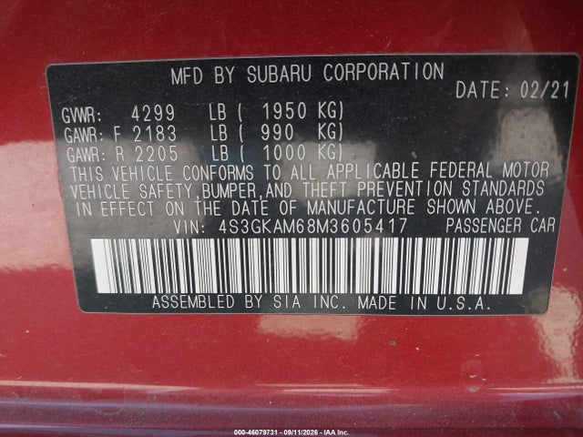 Aukcja sprzedaży 2021 Subaru Impreza Sport, vin: 4S3GKAM68M3605417, numer aukcji: 46079731