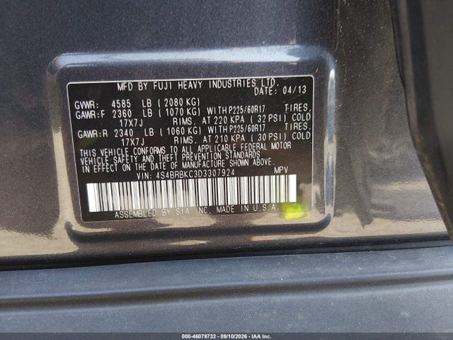 2013 Subaru Outback 2.5i Limited მანქანა იყიდება აუქციონზე, vin: 4S4BRBKC3D3307924, აუქციონის ნომერი: 46079732