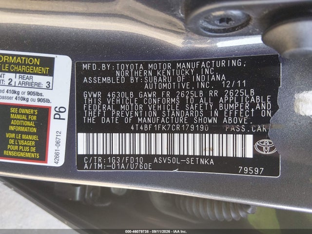 Продаж на аукціоні авто 2012 Toyota Camry Le, vin: 4T4BF1FK7CR179190, номер лоту: 46079738