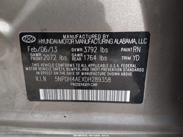 Aukcja sprzedaży 2013 Hyundai Elantra Gls, vin: 5NPDH4AEXDH289358, numer aukcji: 46079742