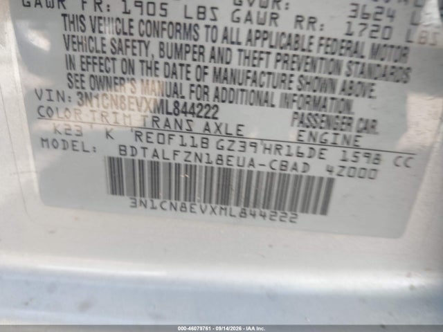 Aukcja sprzedaży 2021 Nissan Versa Sv Xtronic Cvt, vin: 3N1CN8EVXML844222, numer aukcji: 46079761