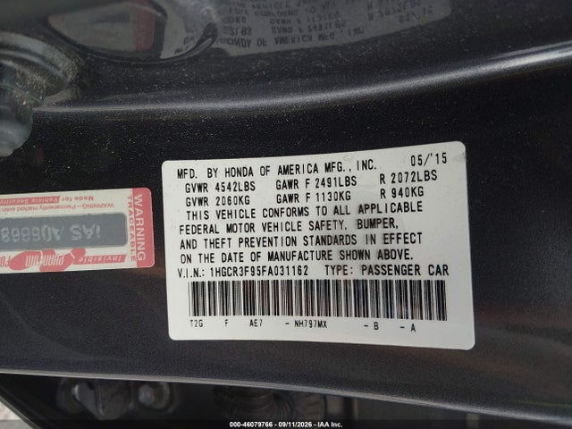 2015 Honda Accord Touring მანქანა იყიდება აუქციონზე, vin: 1HGCR3F95FA031162, აუქციონის ნომერი: 46079766