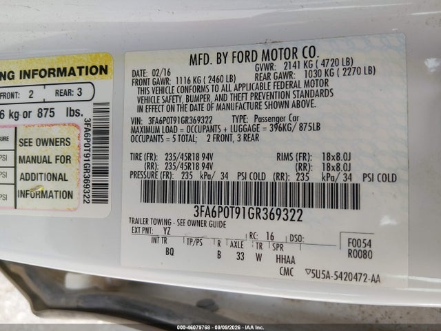 Aukcja sprzedaży 2016 Ford Fusion Se, vin: 3FA6P0T91GR369322, numer aukcji: 46079768