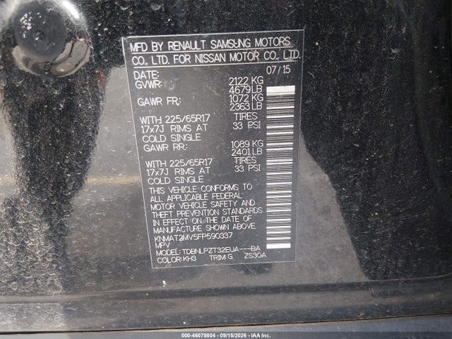 46079804 :رقم المزاد ، KNMAT2MV5FP590337 vin ، 2015 Nissan Rogue S مزاد بيع
