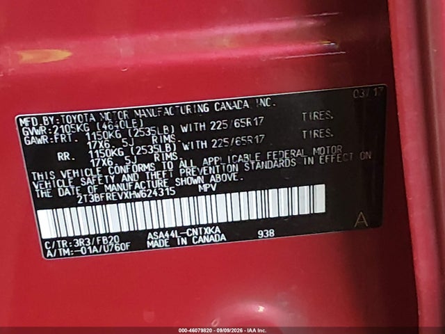 46079820 :رقم المزاد ، 2T3BFREVXHW624315 vin ، 2017 Toyota Rav4 Le مزاد بيع