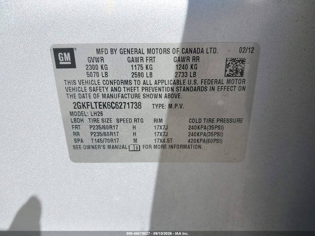 Продаж на аукціоні авто 2012 Gmc Terrain Sle-2, vin: 2GKFLTEK6C6271738, номер лоту: 46079827