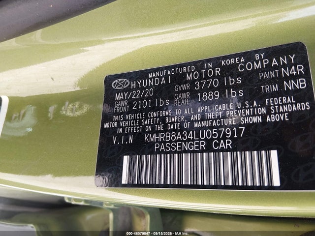 Aukcja sprzedaży 2020 Hyundai Venue Se, vin: KMHRB8A34LU057917, numer aukcji: 46079847