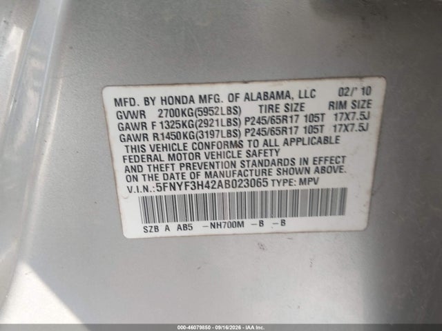 Auction sale of the 2010 Honda Pilot Ex, vin: 5FNYF3H42AB023065, lot number: 46079850