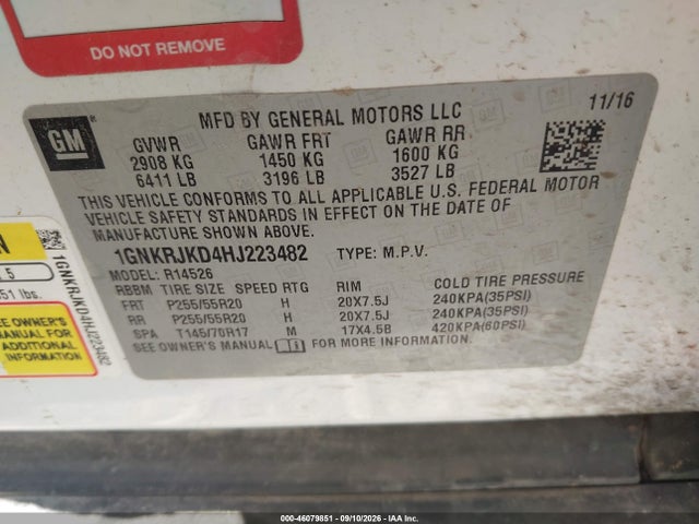 46079851 :رقم المزاد ، 1GNKRJKD4HJ223482 vin ، 2017 Chevrolet Traverse Premier مزاد بيع