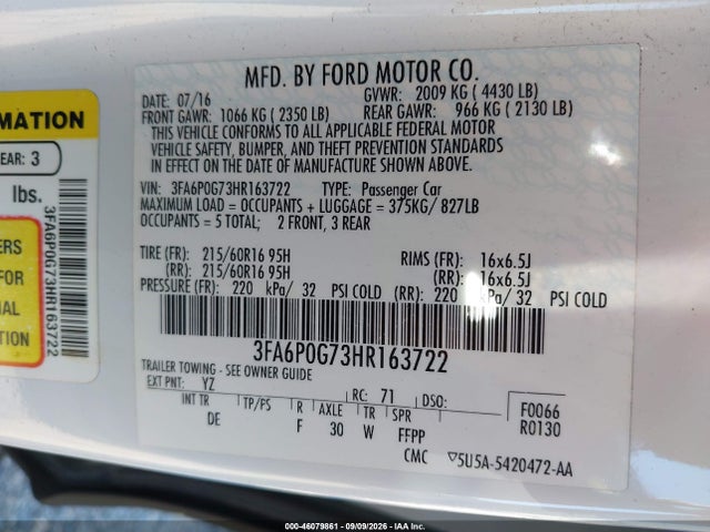 Aukcja sprzedaży 2017 Ford Fusion S, vin: 3FA6P0G73HR163722, numer aukcji: 46079861