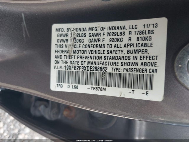 2013 Honda Civic Ex-l მანქანა იყიდება აუქციონზე, vin: 19XFB2F9XDE288662, აუქციონის ნომერი: 46079862