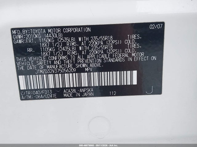 46079868 :رقم المزاد ، JTMZD32V375056209 vin ، 2007 Toyota Rav4 Sport مزاد بيع