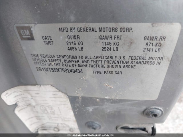 46079878 :رقم المزاد ، 2G1WT55N789240434 vin ، 2008 Chevrolet Impala Lt مزاد بيع