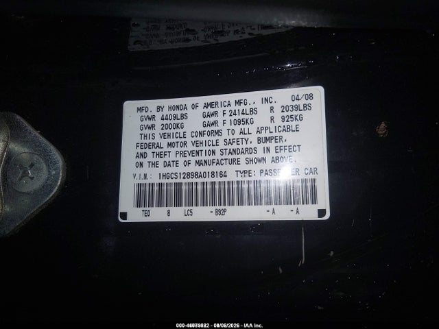 Продажа на аукционе авто 2008 Honda Accord 2.4 Ex-l, vin: 1HGCS12898A018164, номер лота: 46079882