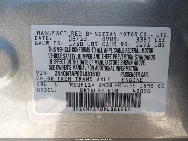 Aukcja sprzedaży 2013 Nissan Versa 1.6 Sv, vin: 3N1CN7AP0DL881510, numer aukcji: 46079890