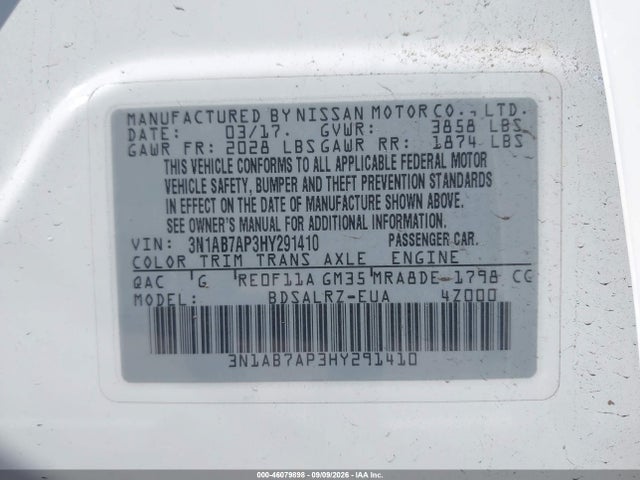 46079898 :رقم المزاد ، 3N1AB7AP3HY291410 vin ، 2017 Nissan Sentra Sr مزاد بيع