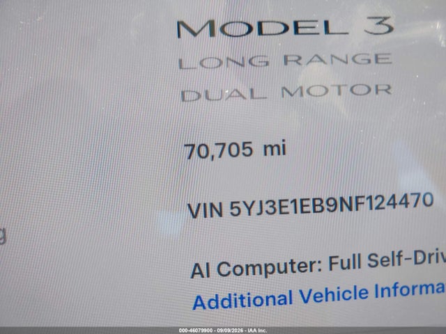 46079900 :رقم المزاد ، 5YJ3E1EB9NF124470 vin ، 2022 Tesla Model 3 Long Range Dual Motor All-wheel Drive مزاد بيع