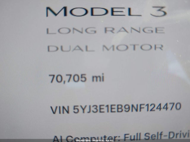 46079900 :رقم المزاد ، 5YJ3E1EB9NF124470 vin ، 2022 Tesla Model 3 Long Range Dual Motor All-wheel Drive مزاد بيع