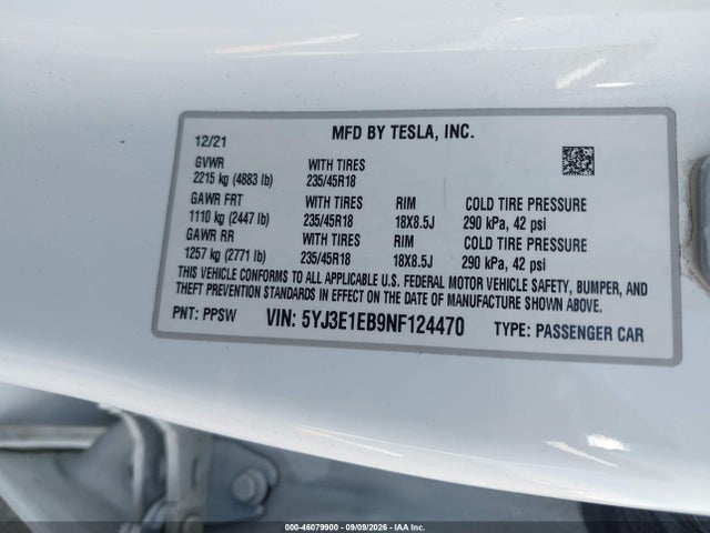 46079900 :رقم المزاد ، 5YJ3E1EB9NF124470 vin ، 2022 Tesla Model 3 Long Range Dual Motor All-wheel Drive مزاد بيع