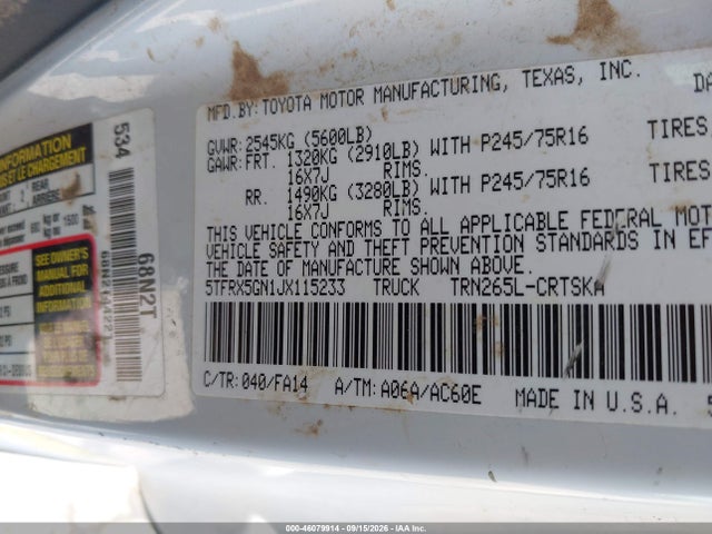 5TFRX5GN1JX115233 Toyota Tacoma Sr
