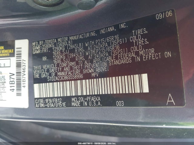 Продажа на аукционе авто 2006 Toyota Sienna Ce, vin: 5TDZA23C86S558996, номер лота: 46079915