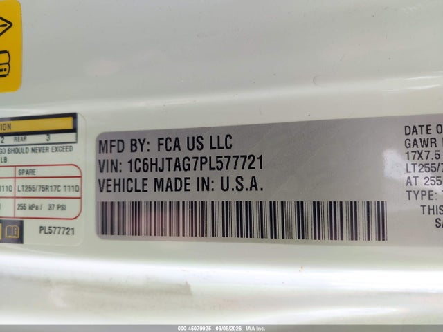 46079925 :رقم المزاد ، 1C6HJTAG7PL577721 vin ، 2023 Jeep Gladiator Willys 4x4 مزاد بيع