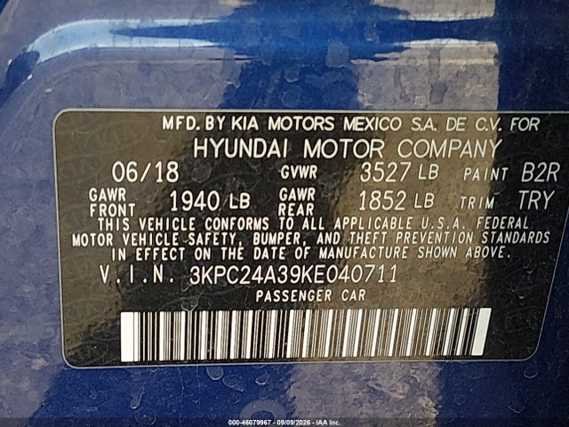 Продажа на аукционе авто 2019 Hyundai Accent Se, vin: 3KPC24A39KE040711, номер лота: 46079967