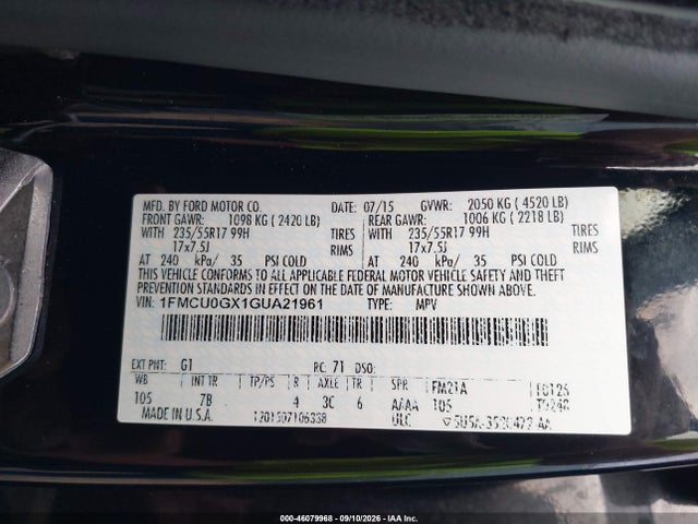 2016 Ford Escape Se მანქანა იყიდება აუქციონზე, vin: 1FMCU0GX1GUA21961, აუქციონის ნომერი: 46079968