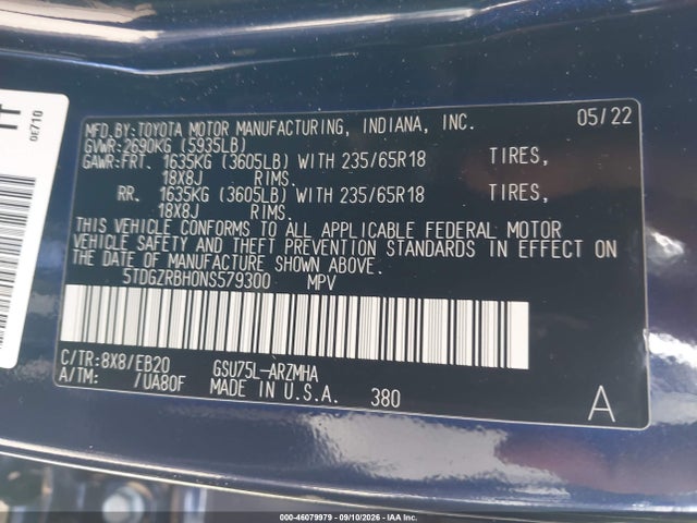 Aukcja sprzedaży 2022 Toyota Highlander Xle, vin: 5TDGZRBH0NS579300, numer aukcji: 46079979