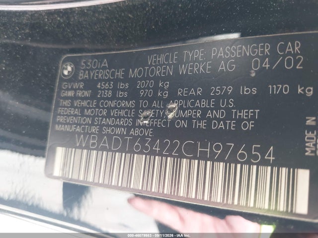 Продажа на аукционе авто 2002 Bmw 530ia, vin: WBADT63422CH97654, номер лота: 46079983