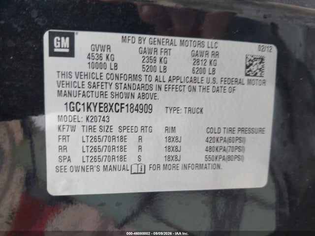 46080002 :رقم المزاد ، 1GC1KYE8XCF184909 vin ، 2012 Chevrolet Silverado 2500hd Ltz مزاد بيع