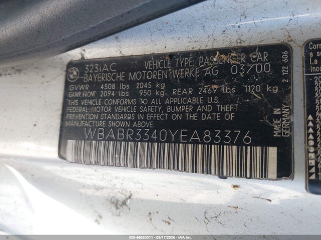 46080011 :رقم المزاد ، WBABR3340YEA83376 vin ، 2000 Bmw 323ci مزاد بيع