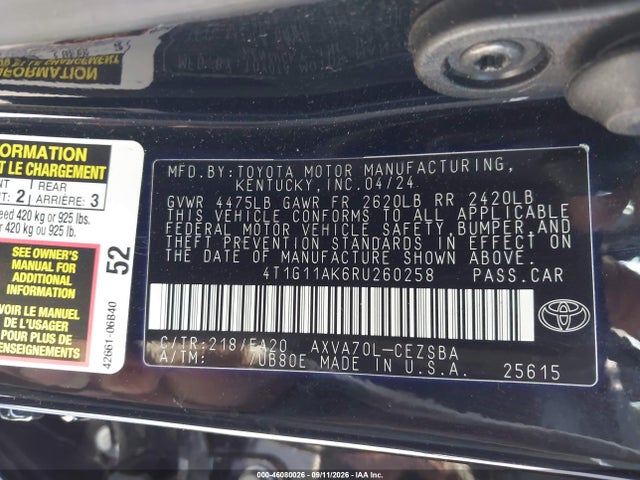 4T1G11AK6RU260258 Toyota CAMRY SE