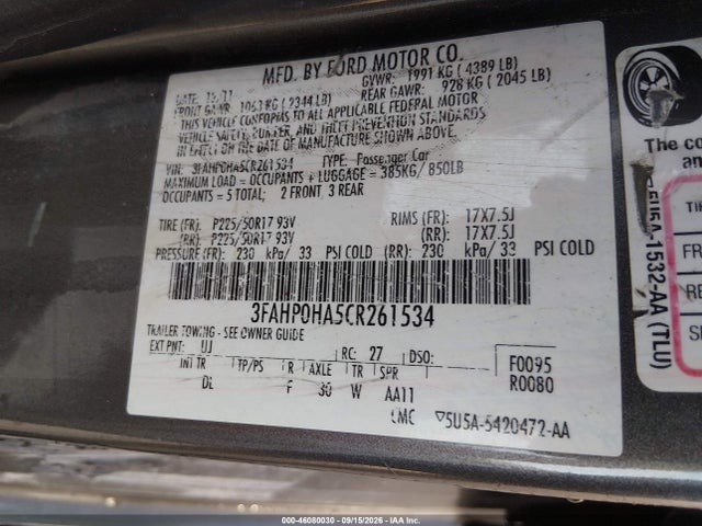 Aukcja sprzedaży 2012 Ford Fusion Se, vin: 3FAHP0HA5CR261534, numer aukcji: 46080030