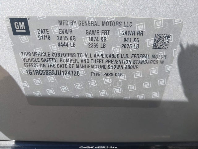 46080043 :رقم المزاد ، 1G1RC6S59JU124720 vin ، 2018 Chevrolet Volt Lt مزاد بيع