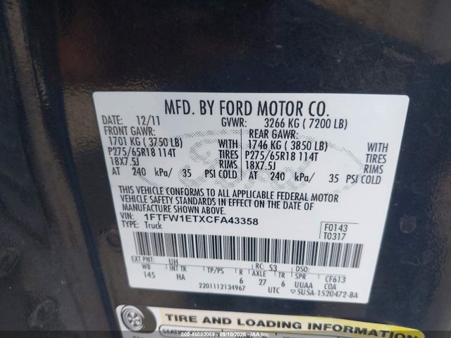 2012 Ford F-150 Lariat მანქანა იყიდება აუქციონზე, vin: 1FTFW1ETXCFA43358, აუქციონის ნომერი: 46080059
